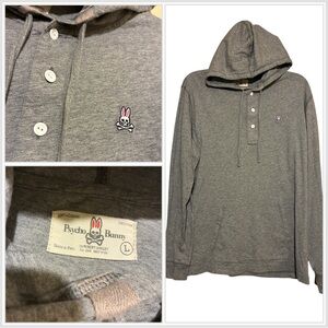 PSYCHO BUNNY ROBERT GODLEY GRAY HENLEY HOODIE LIGHT SWEATER SHIRT MENS Sz L